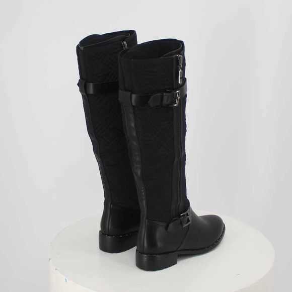 Buckle Detail Knee High Zip Lug Sole Boots in Black Faux Leather, Women’a - Picture 2 of 15